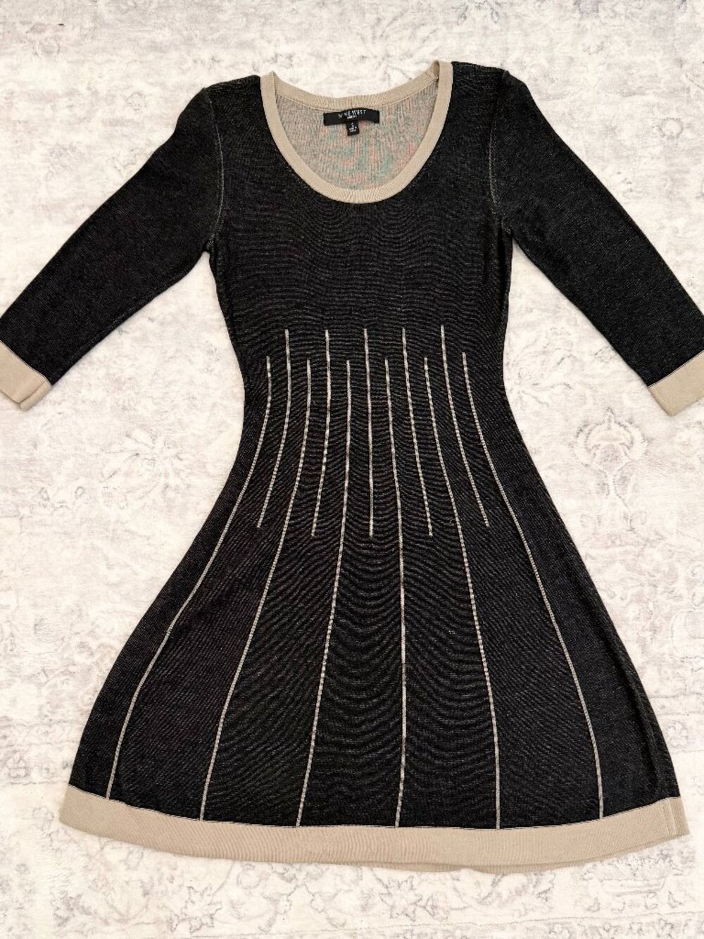 Nine West Charcoal Beige Contrast Trim Fit & Flare Sweater Dress - S